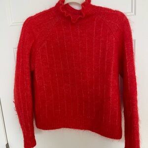 Sezane Red Ruffle Mock Neck Sweater